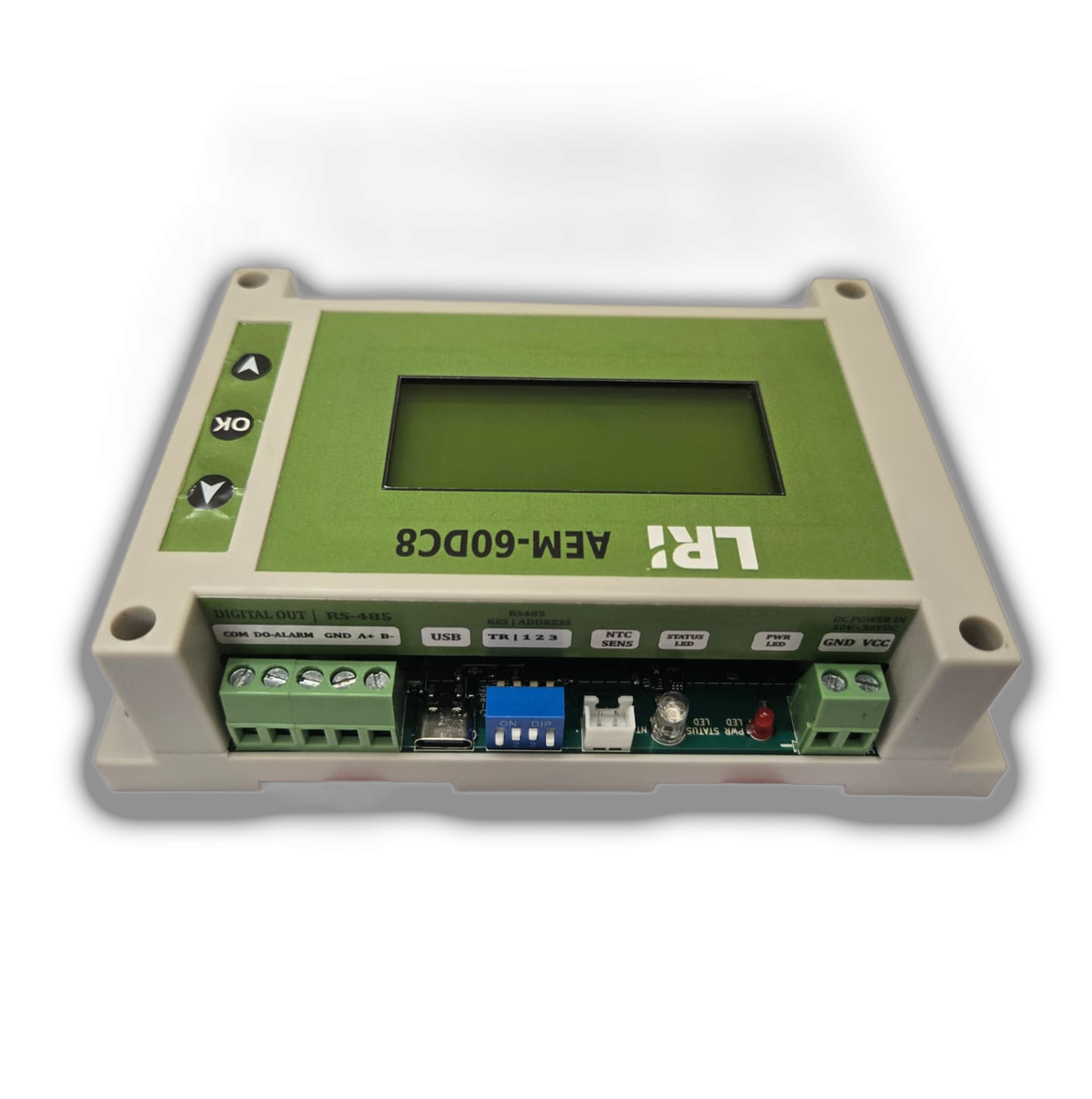 LRI-AEM-60DC8 — perspective with back panel I/O silkscreen
